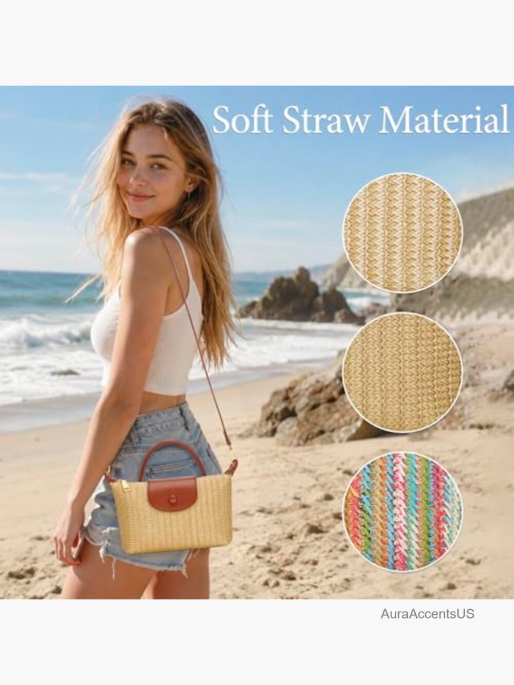Mini Straw Crossbody Handbag Summer Beach Bag Woven Purse - Picture 4 of 7